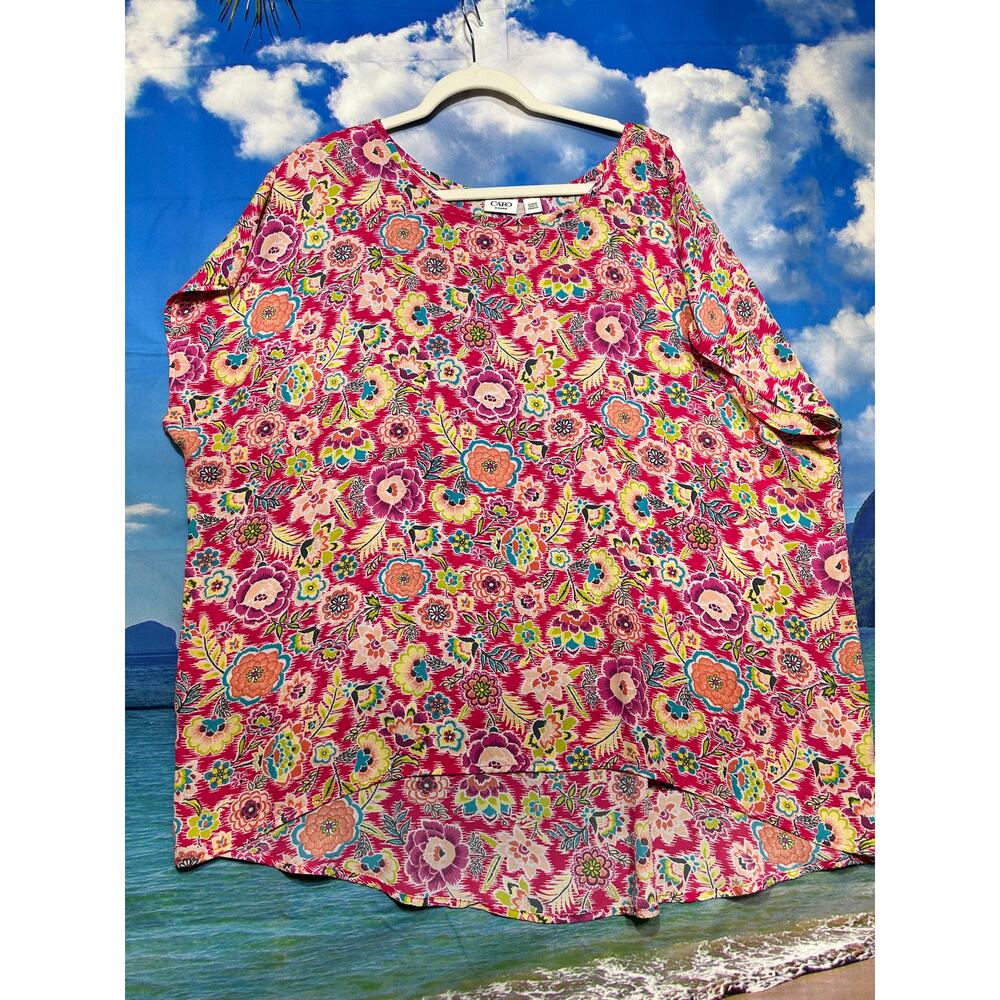 Women's Plus Size 22/24 Dressy Top Floral Pink Silky Cato Blouse